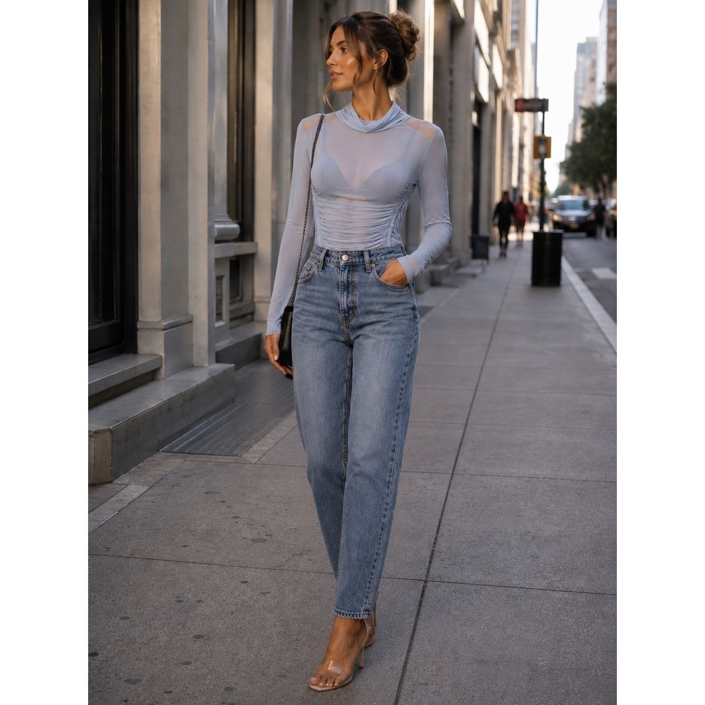 Free People Intimately Medium Baby Blue Under It All Long Sleeve Ruched Bodysuit